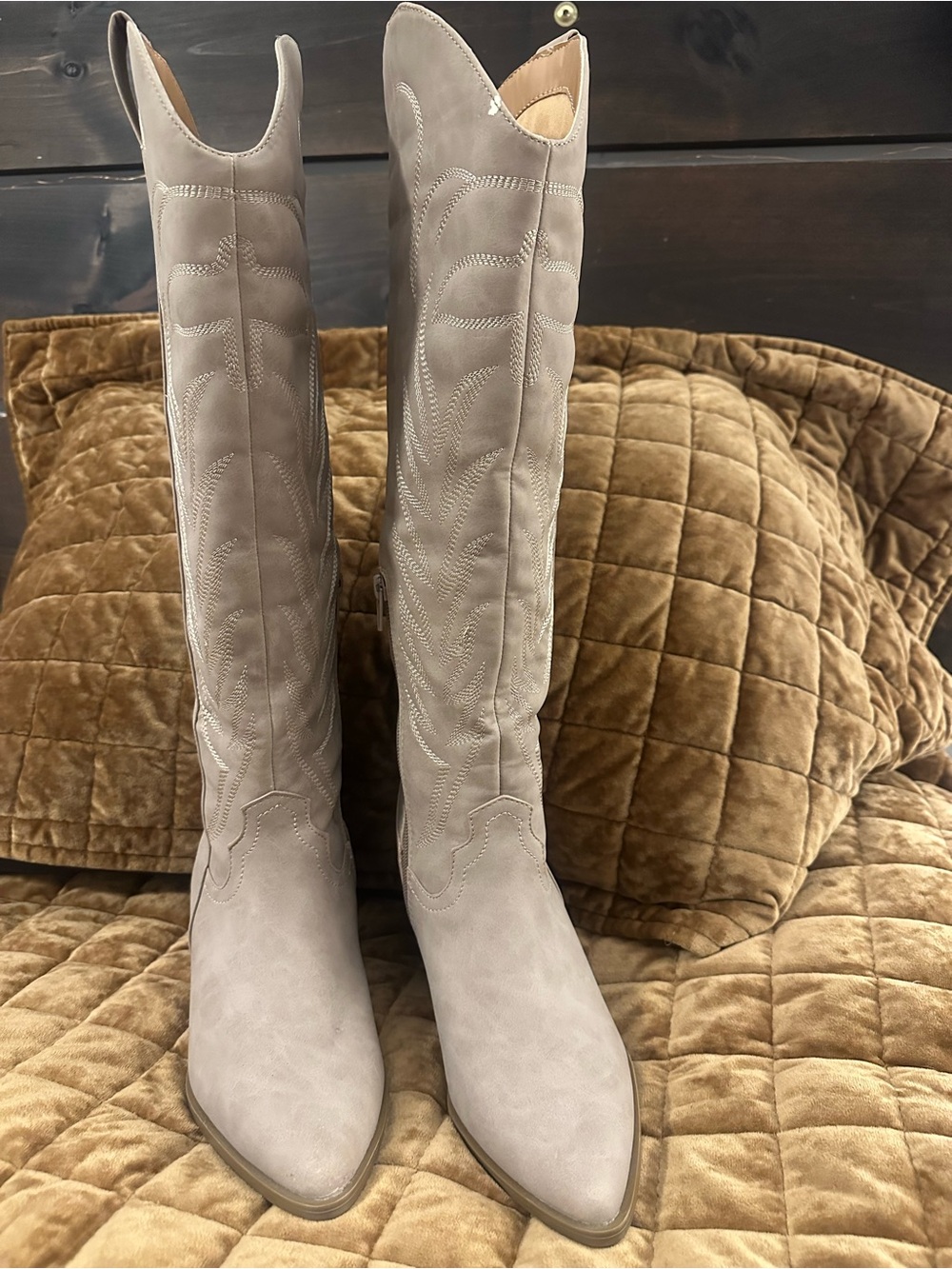Pink Lily Western Cowboy Boots Size 7.5 Taupe Embroidered Knee High NWOT - Picture 4 of 12